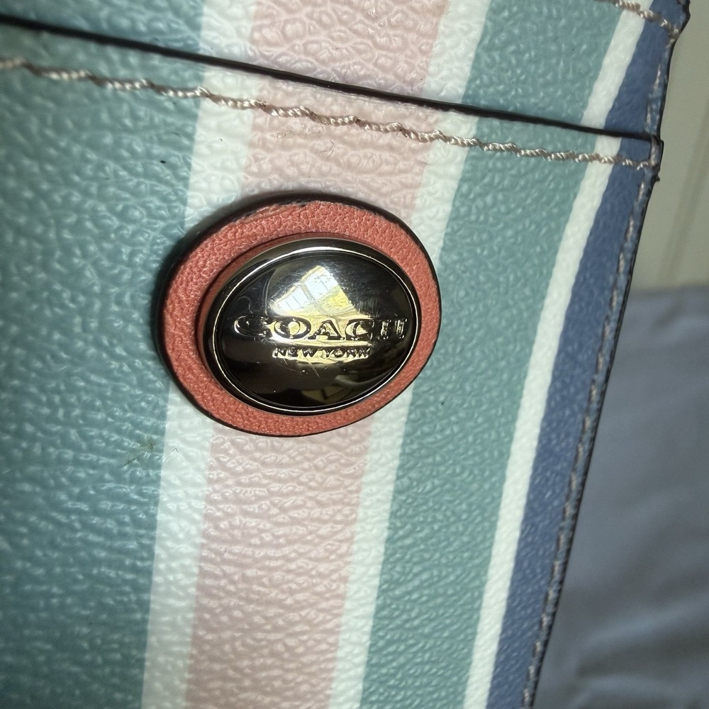 Coach Laynard ID Credit Card Key Holder Pink Teal Blue White Striped Wallet New - Picture 3 of 11